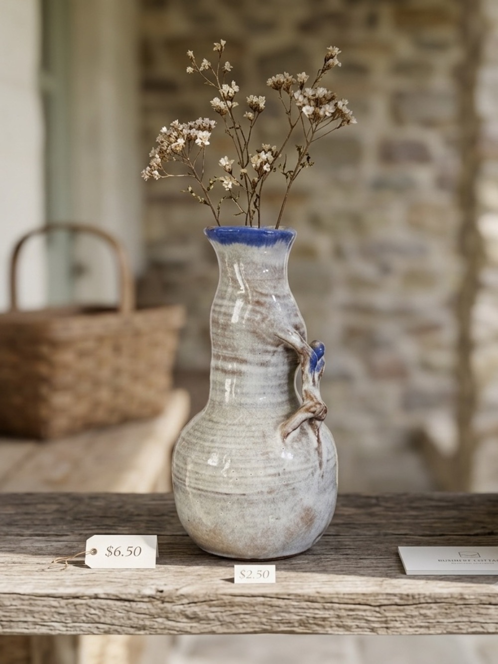 Unique Handcrafted Ceramic Vase with Blue Accents (figure climbing the vase)